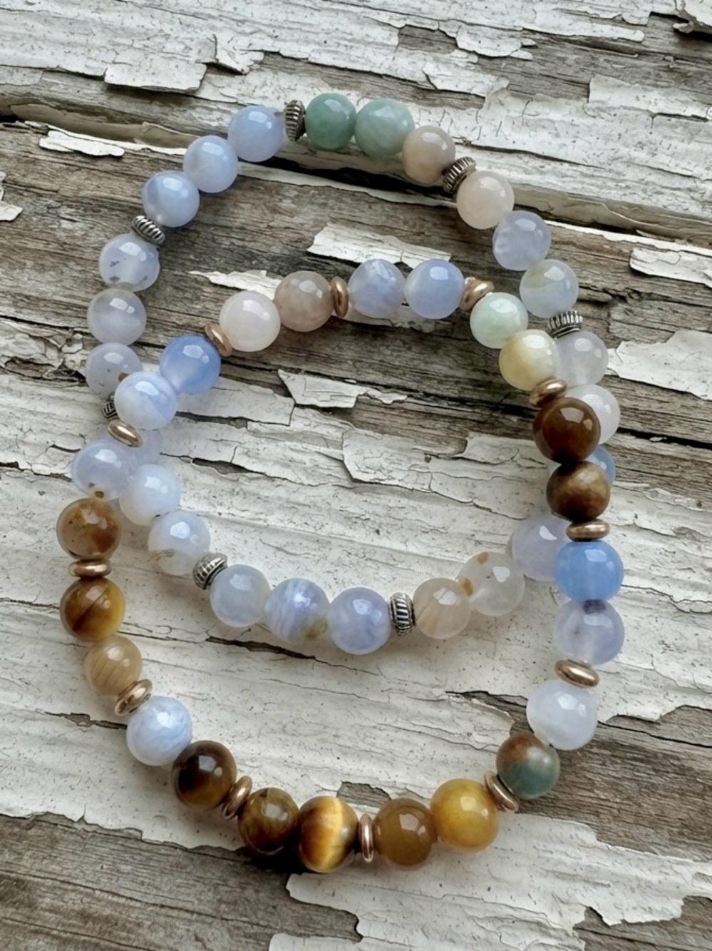 Mixed Gemstone Stretch Bracelet — Blue, Brown & Cream Beads